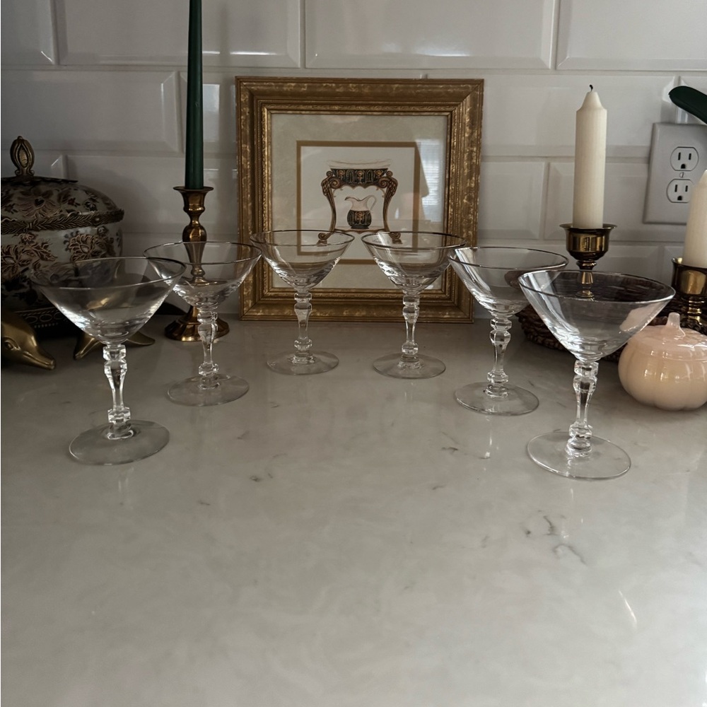Vintage 1950s Tiffin Montclair Platinum Trim Champagne Glass 5  1/2” Set of 6